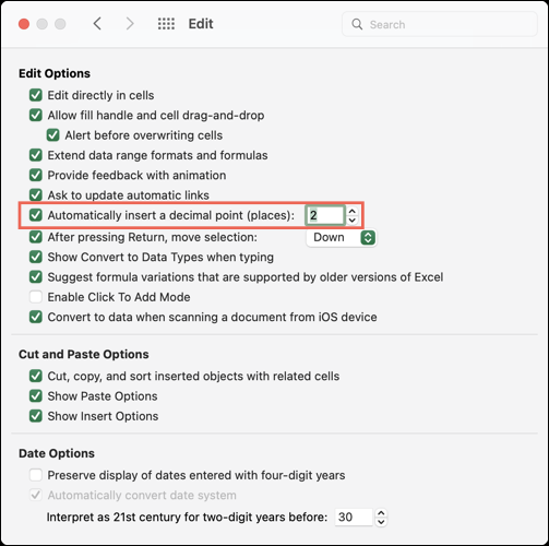 Cambiar lugares decimales en Excel desde Mac.