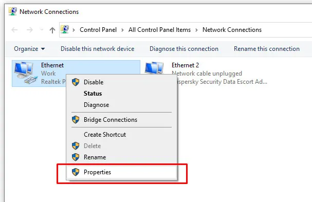 Propiedades de Ethernet.