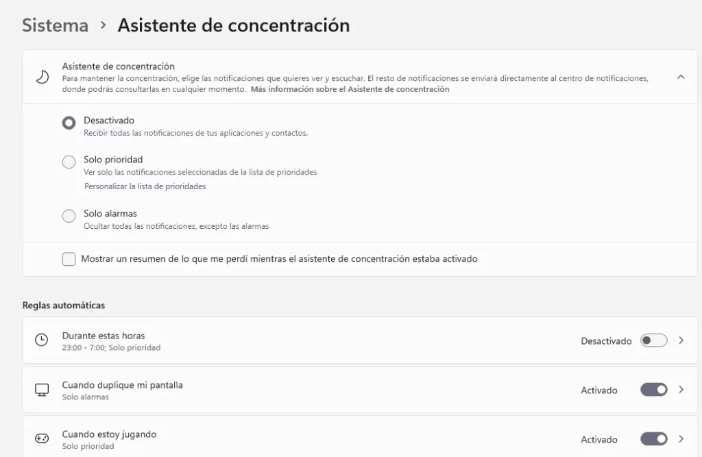 Configurar asistente de concentración.