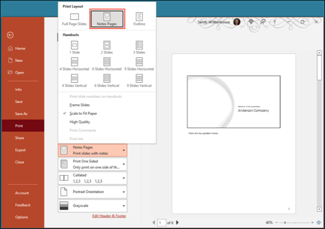 Imprimir PowerPoint notas en Windows.