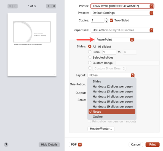 Cómo imprimir un PowerPoint con notas en Mac.