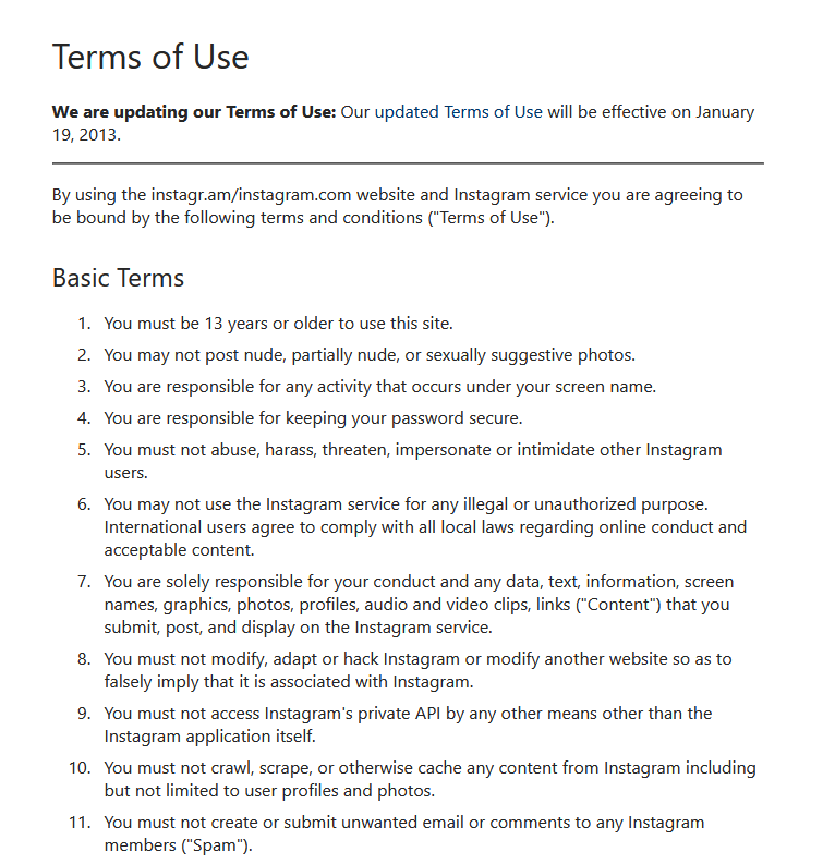 Términos y condiciones de uso de Instagram