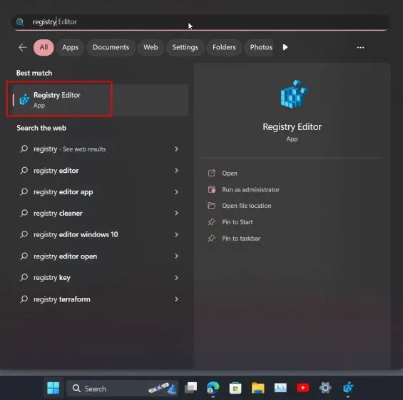 Abrir el editor de registro para añadir segundos en el reloj de la barra de tareas en Windows 11