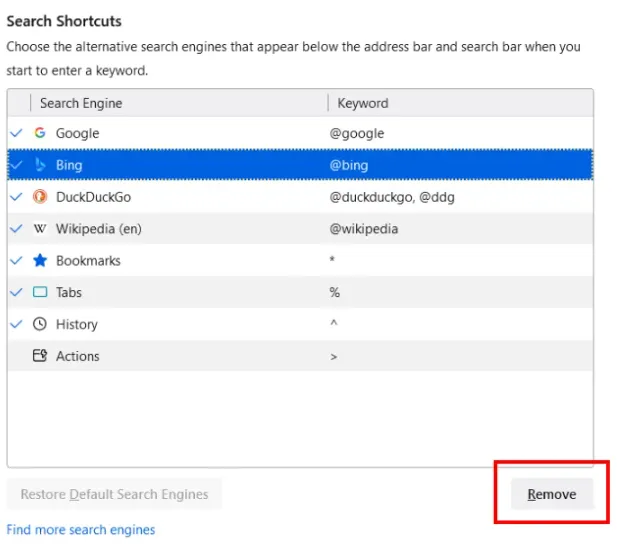 Eliminar motor de búsqueda opcional como Yahoo o Bing de Firefox.