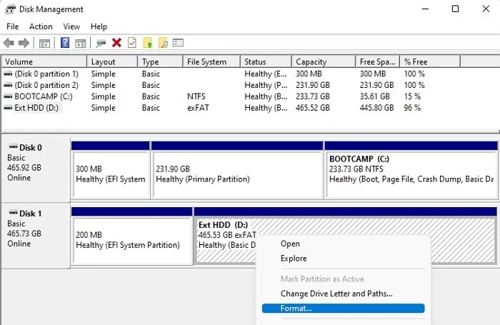 Formatear tarjeta SD en PC usando el administrador de discos.