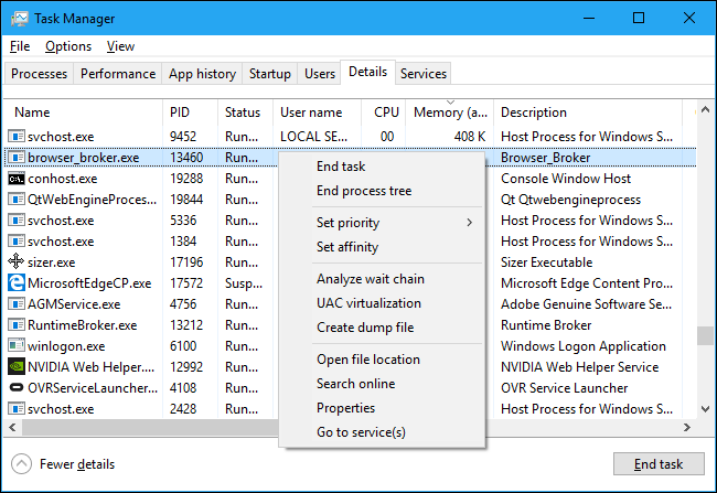 Detalles de los procesos del Administrador de tareas de Windows.