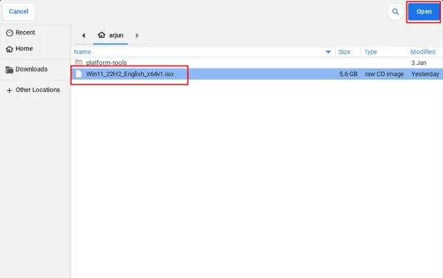 Elegir archivo ISO de Windows 11 para instalar en Chromebook.