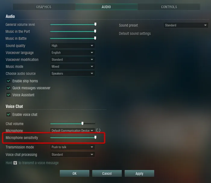 Aumentar sensibilidad del micrófono para que el chat de voz de World of Warships funcione.