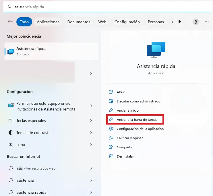 Anclar asistencia rápida barra de tareas.