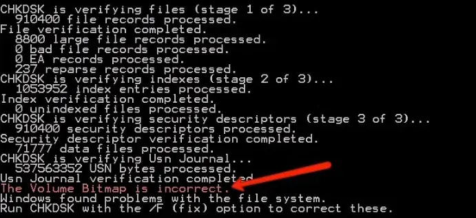 Solucionar error: mapa de bits del volumen es incorrecto cuando se ejecuta CHKDSK