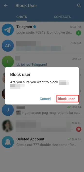 Bloquear a alguien en Telegram en Android.