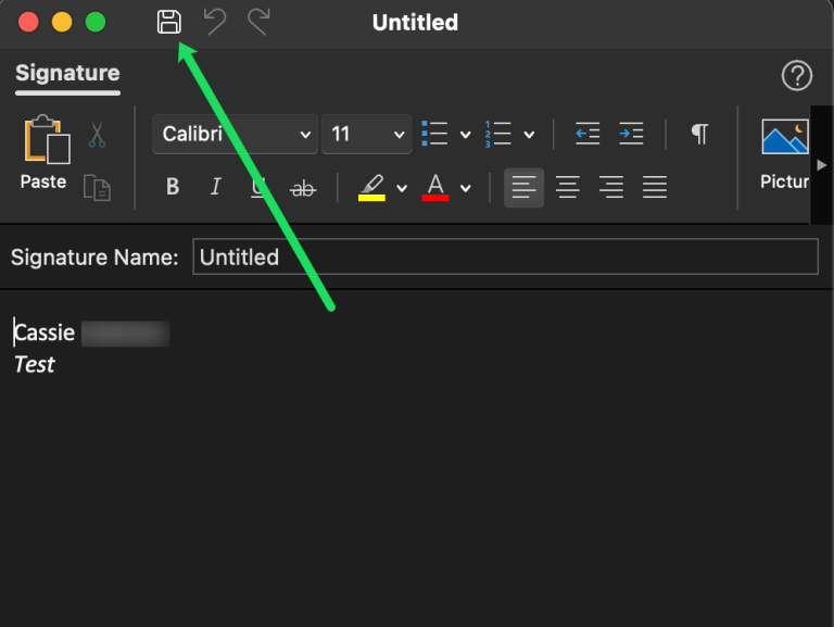 Guardar nueva firma en Outlook para Mac.