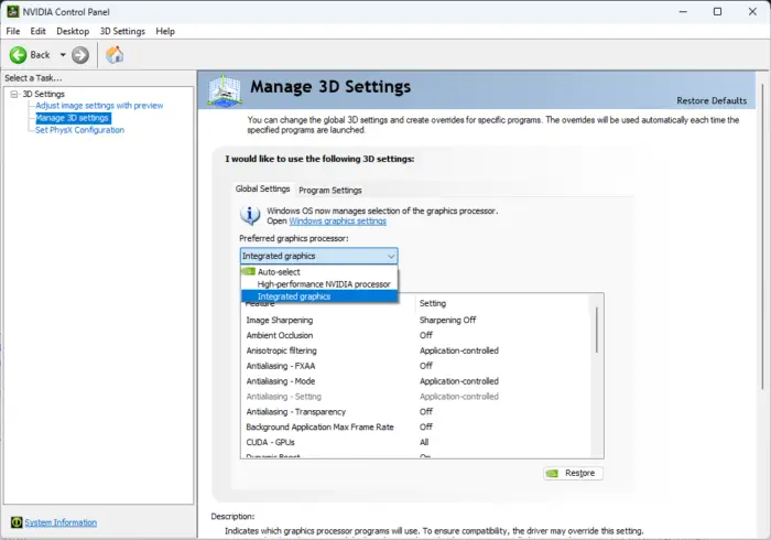 Gráficos integrados para solucionar el error 0xc0f1103f de GeForce Now en Windows.