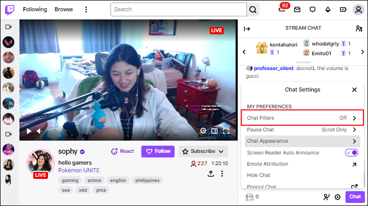 desactivar filtro chat Twitch filtros 2