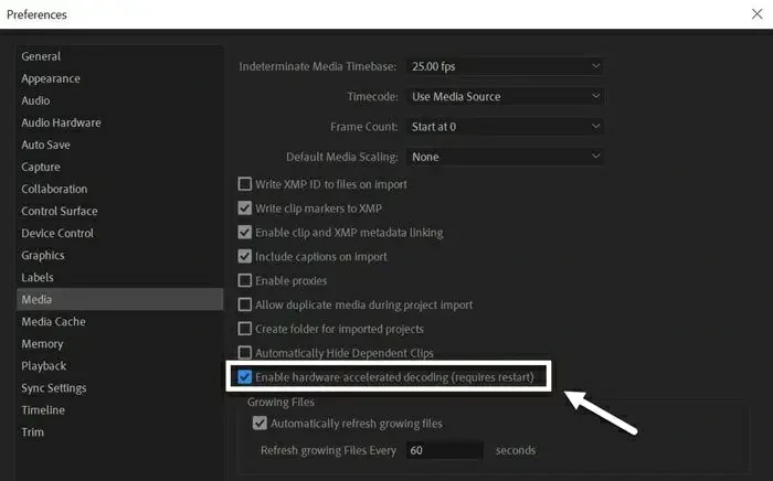 Adobe Premiere Pro se congela decodificación acelerada