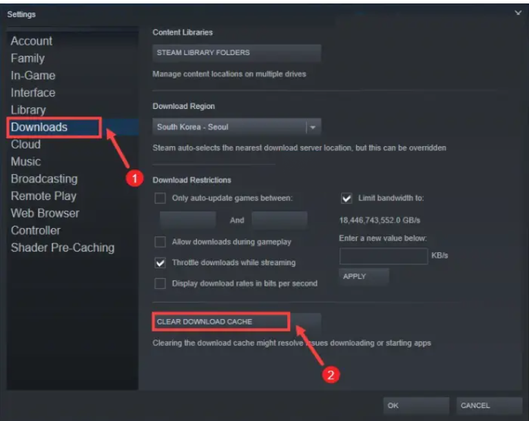 Limpia la caché de descargas de Steam, siempre resuelve muchos problemas