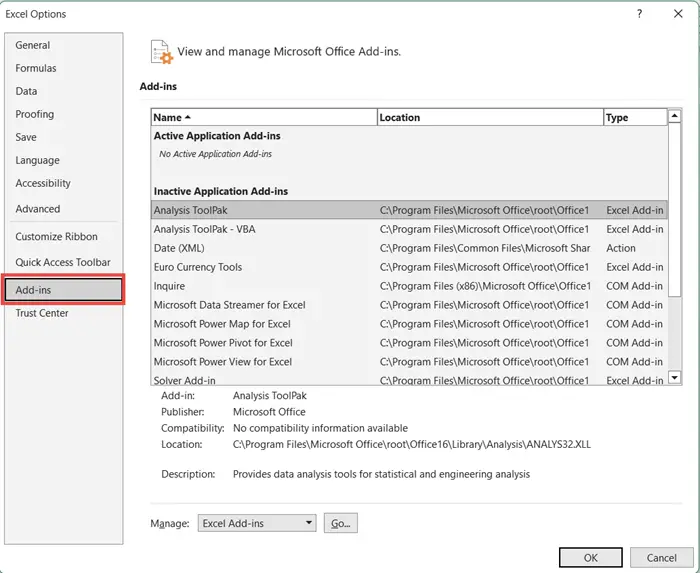 Desinstalar y volver a instalar los complementos de Excel