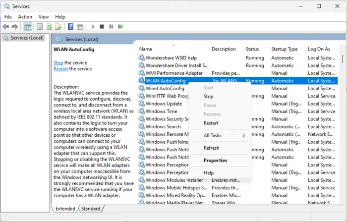 Reiniciar servicio de configuración automática de WLAN