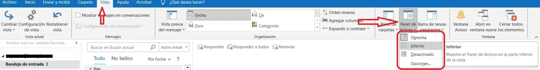 Panel de lectura de Outlook