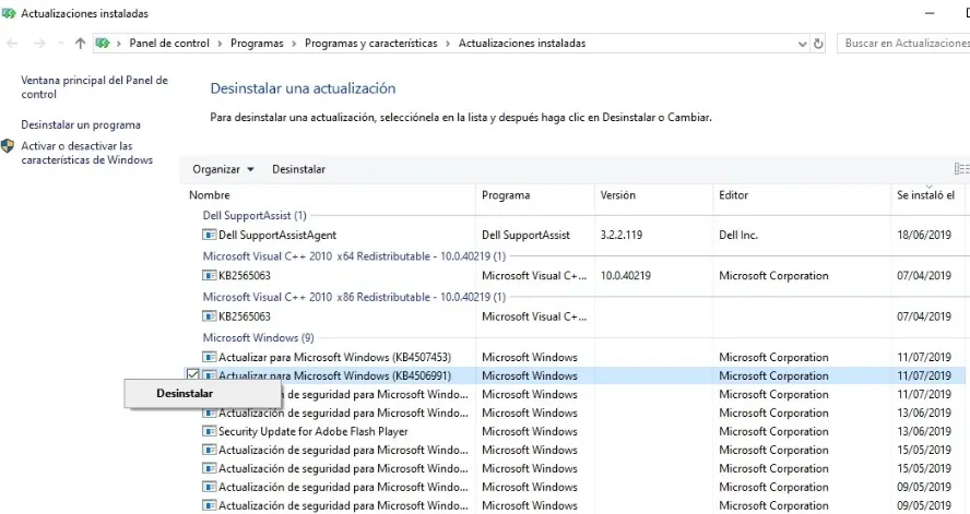 Desinstalar actualizaciones de Windows 10