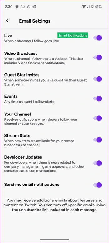 evitar Twitch envíe correos app