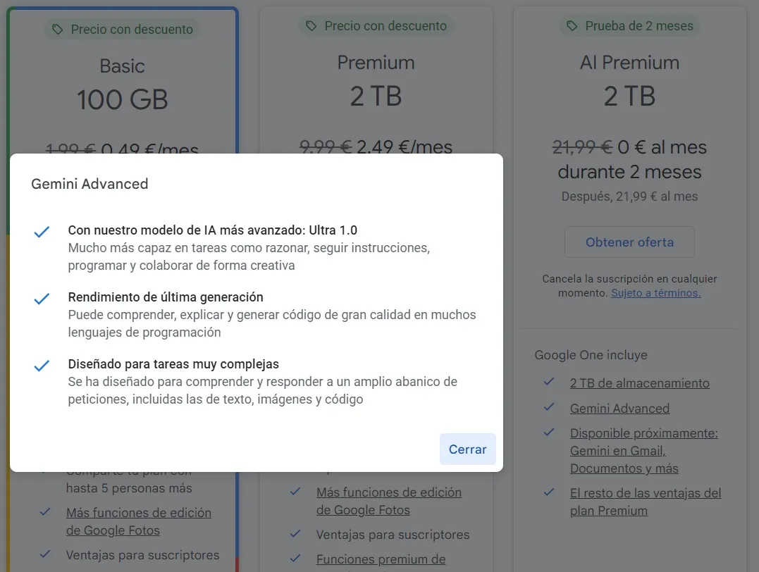 Precios suscripción Google One AI Premium