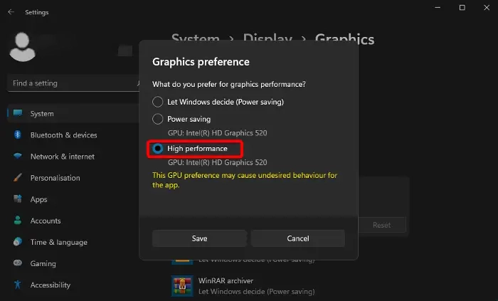 Usar la configuración de gráficos de alto rendimiento