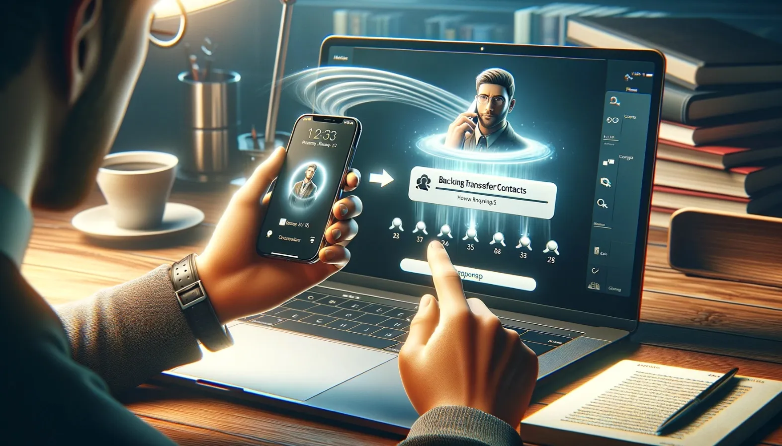 Ilustración con IA de transferencia de contactos de iPhone