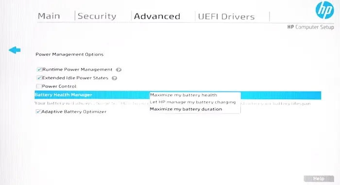 Cambiar configuración HP Baterry Health Manager