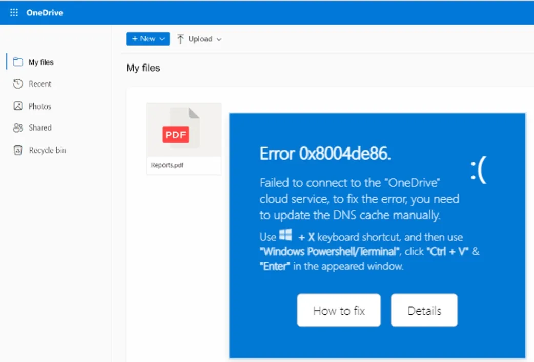 error 0x8004de86 onedrive malware clickfix