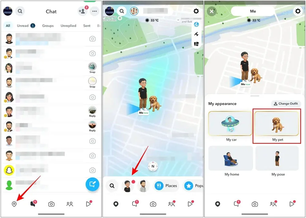 Agregar mascotas en la ubicación del mapa en Snapchat