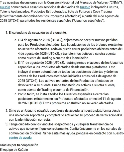 kucoin suspensión derivados españa
