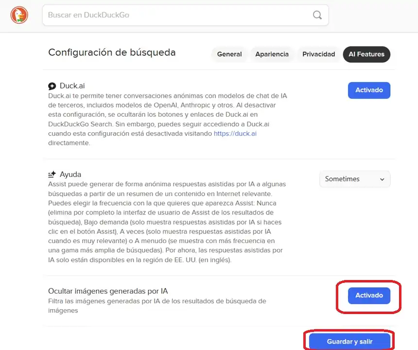 duckduckgo filtro imágenes ia