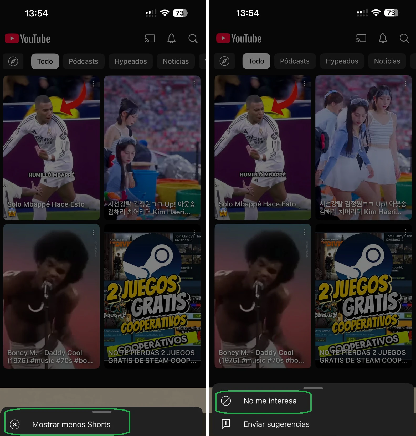 ocultar vídeos cortos youtube