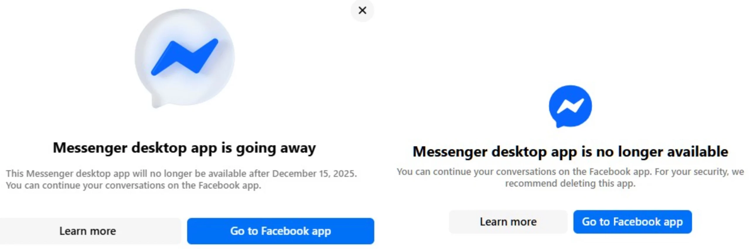 Facebook Messenger cierra y redirige hacia la web