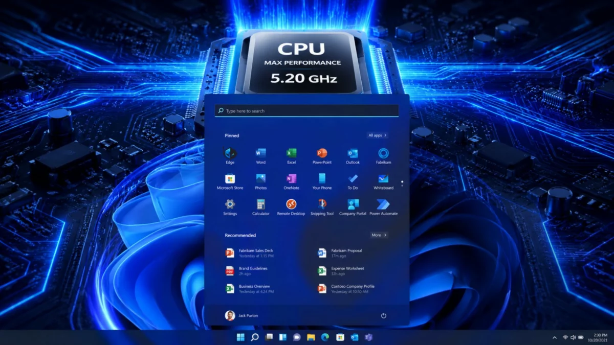 Pantalla de Windows 11 con menú Inicio abierto y CPU a 5,20 GHz de rendimiento máximo en el fondo