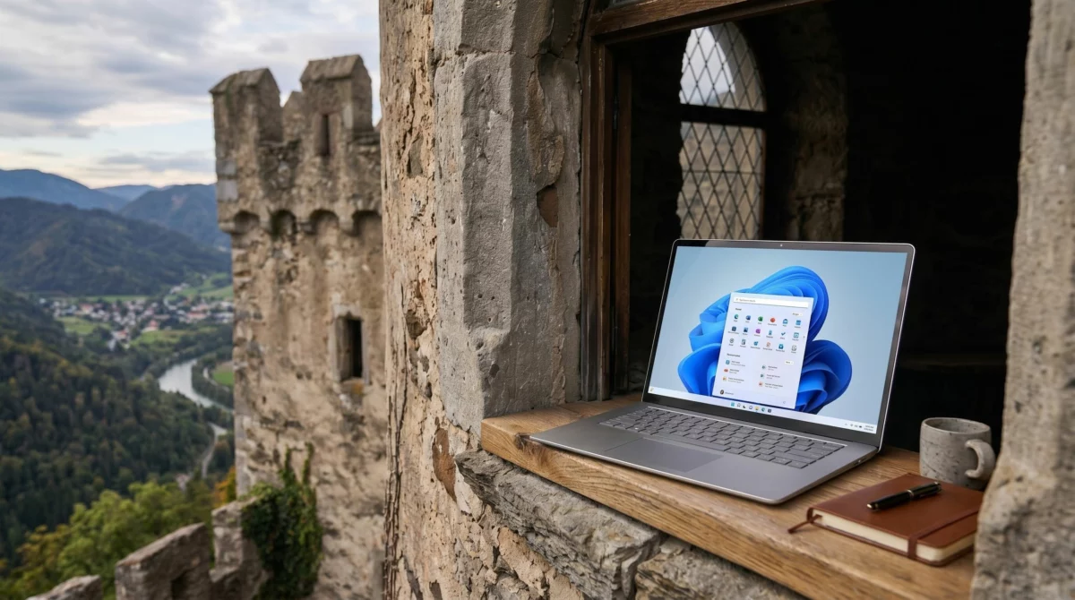 Portátil con Windows 11 abierto en ventana de castillo medieval con vistas al valle