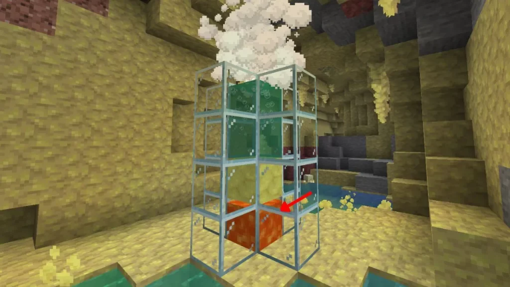 Géiser de Minecraft construido con cristal y agua ácida verde con flecha señalando el bloque de magma Géiser de Minecraft construido con cristal y agua ácida verde con flecha señalando el bloque de magma