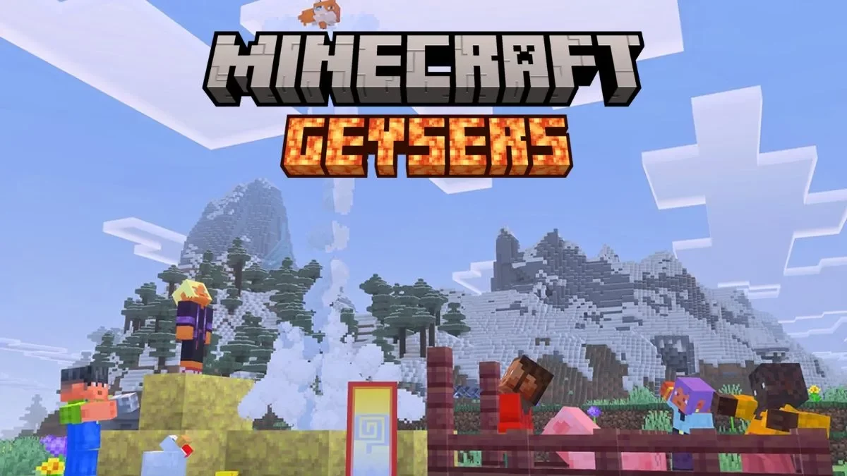 Pantalla de título de Minecraft Geysers con personajes y montañas de bloques al fondo