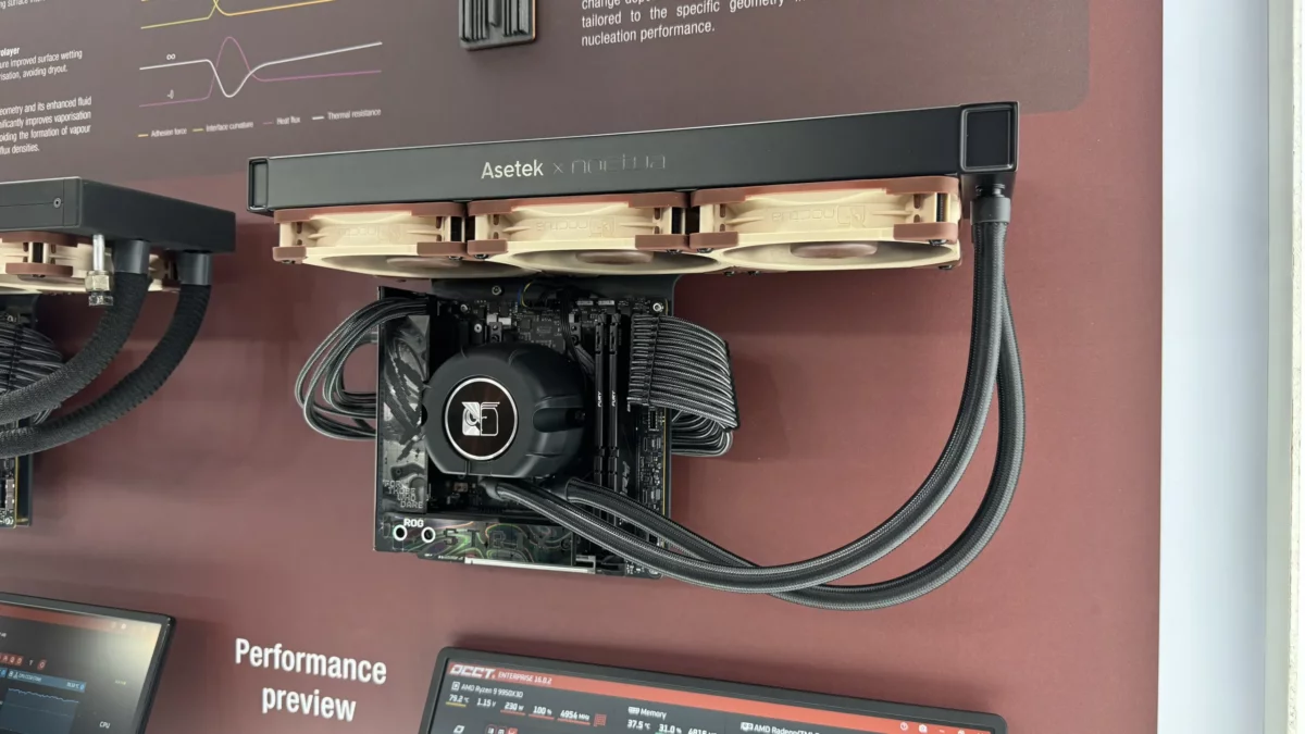 Prototipo Asetek x Noctua NL-LC1 AIO montado en placa base ROG en exposición de Computex 2026 Prototipo Asetek x Noctua NL-LC1 AIO montado en placa base ROG en exposición de Computex 2026