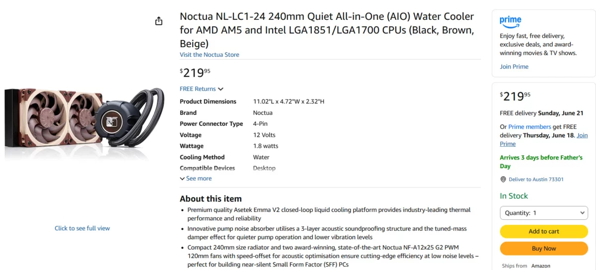 Página de Amazon del Noctua NL-LC1-24 AIO de 240 mm a 219,95 dólares Página de Amazon del Noctua NL-LC1-24 AIO de 240 mm a 219,95 dólares