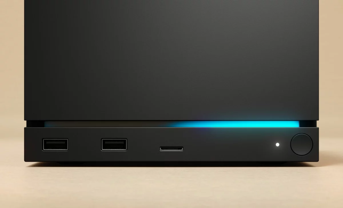 Detalle frontal de la Steam Machine con puertos USB, lector microSD y franja de luz azul