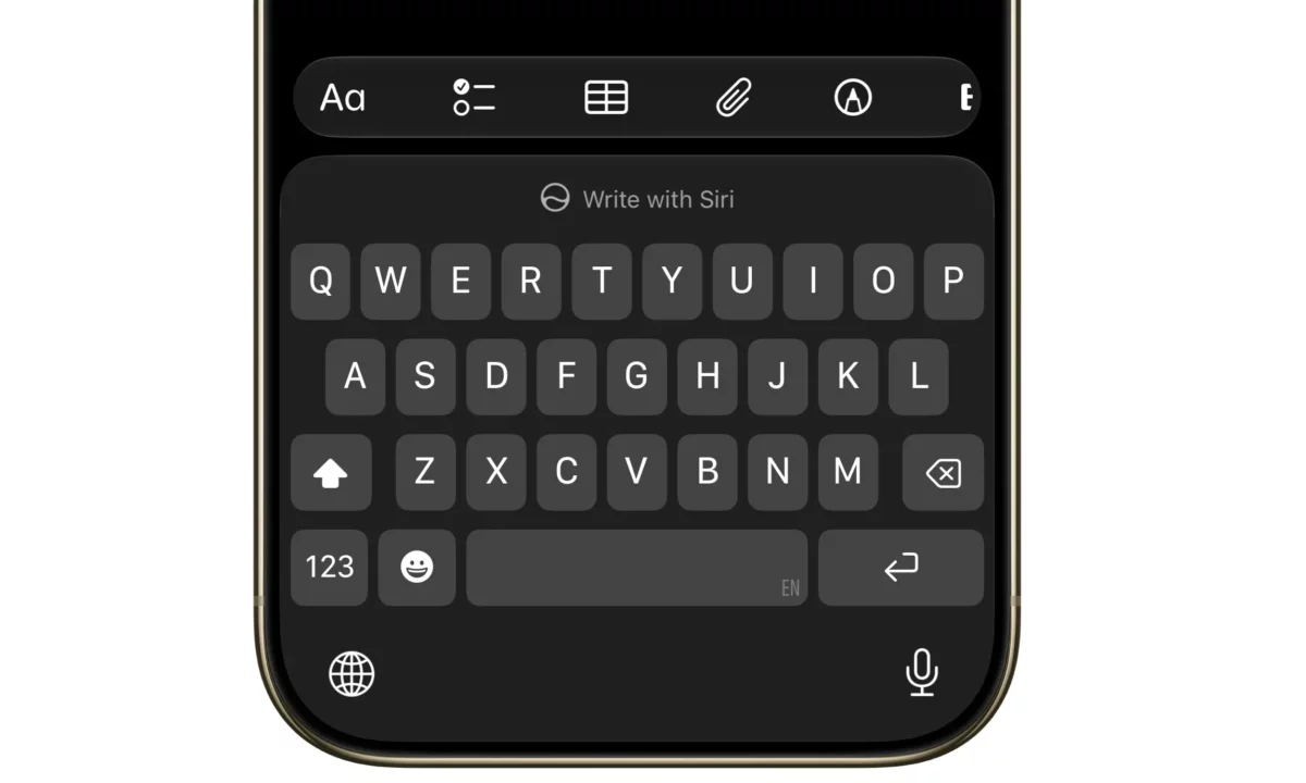 Teclado del iPhone mostrando la nueva opción Write with Siri en la barra predictiva