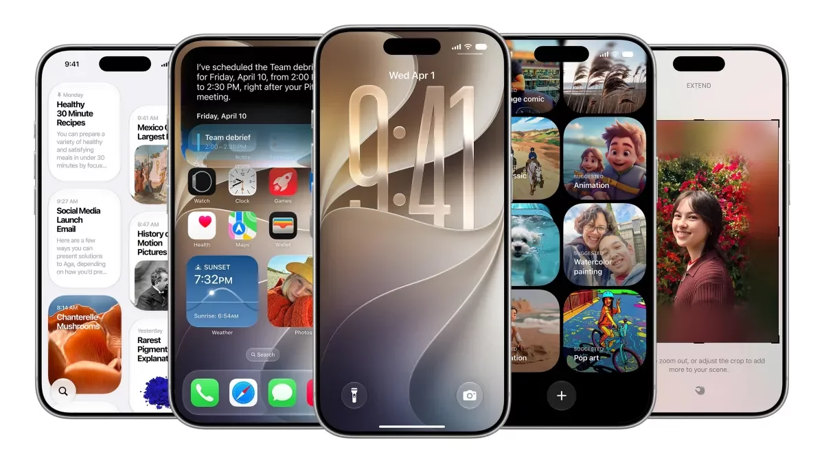 Cinco iPhone mostrando distintas pantallas de iOS con funciones de la interfaz